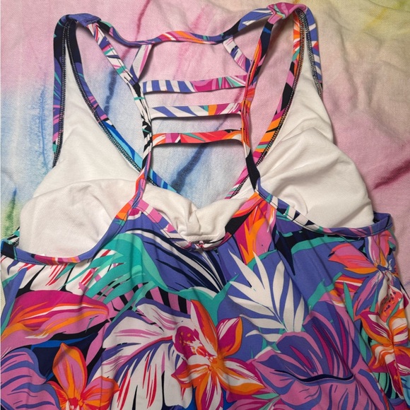 Aqua Green Tankini Swimsuit Top Vibrant Tropical Pattern Size X - Picture 4 of 6